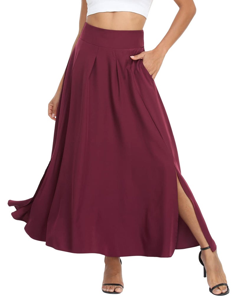 RANPHEE Long Skirts for Women Trendy 2026 Spring Fashion Burgundy Flowy Dressy Casual Maxi Pleated High Waist Maroon Flattering Skirt to Hide Tummy M - Image 2